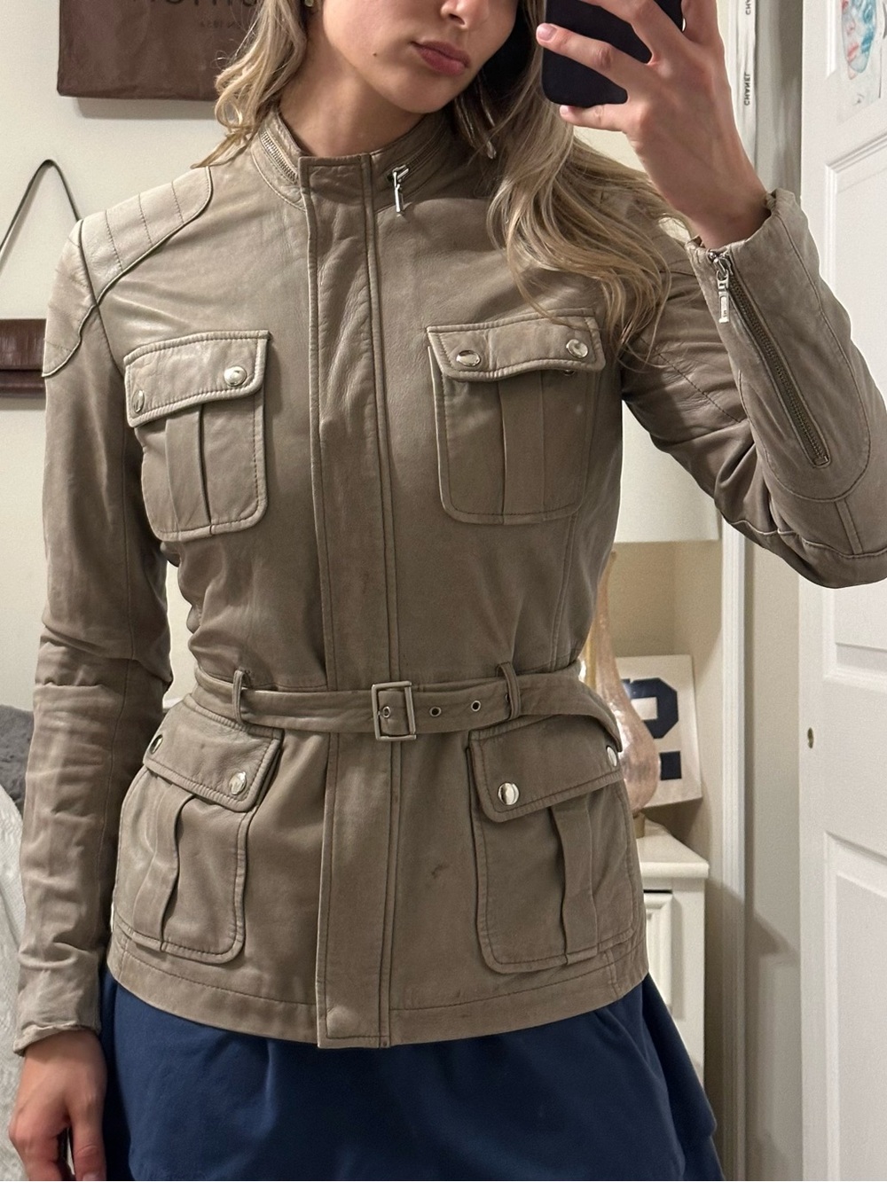 Paul & Joe Taupe Utility Belted Lamb Leather European Jacket with pockets Sz 38
